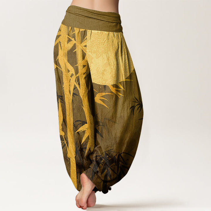 Buddha Stones Bamboo Leaves Full Moon Pattern Women's Elastic Waist Harem Pants