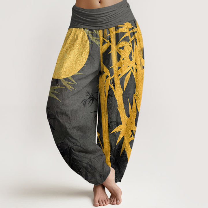 Buddha Stones Bamboo Leaves Full Moon Pattern Women's Elastic Waist Harem Pants