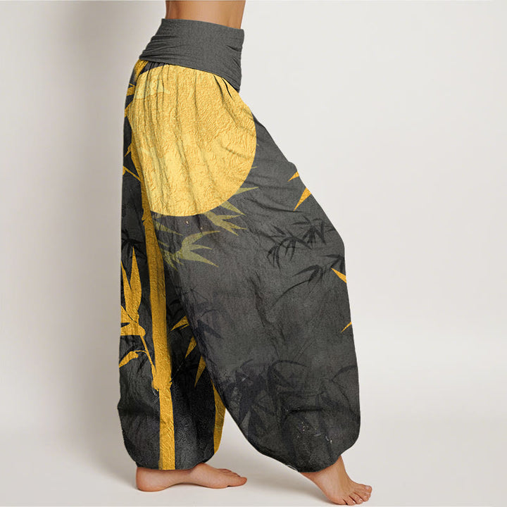 Buddha Stones Bamboo Leaves Full Moon Pattern Women's Elastic Waist Harem Pants