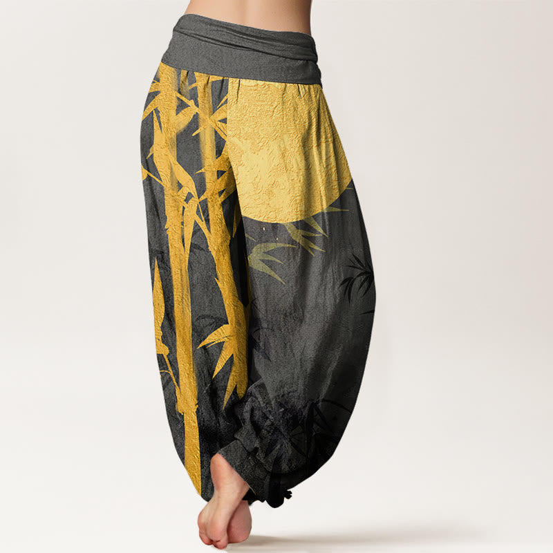 Buddha Stones Bamboo Leaves Full Moon Pattern Women's Elastic Waist Harem Pants