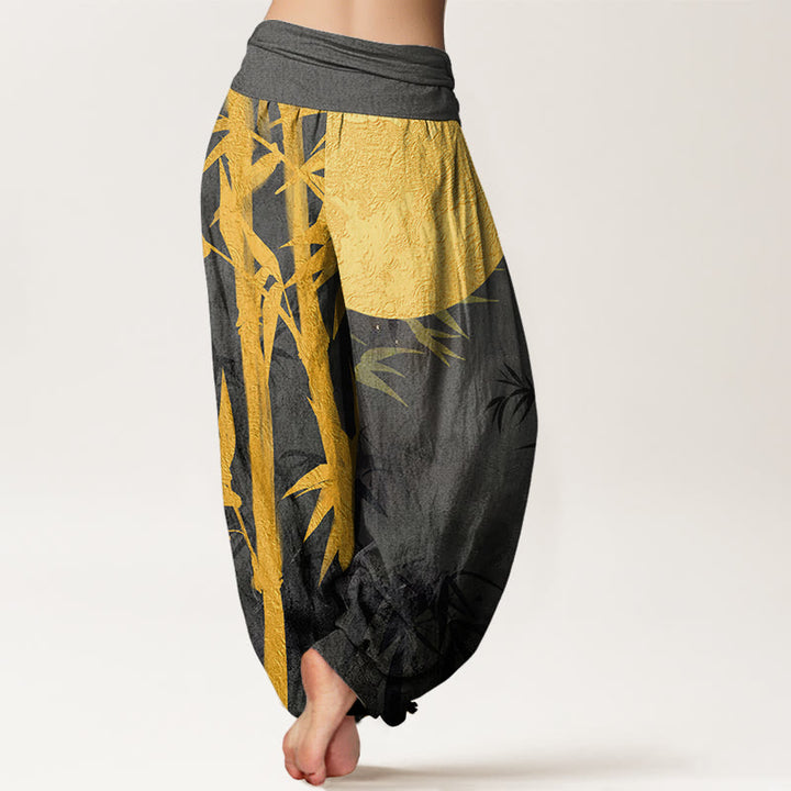 Buddha Stones Bamboo Leaves Full Moon Pattern Women's Elastic Waist Harem Pants