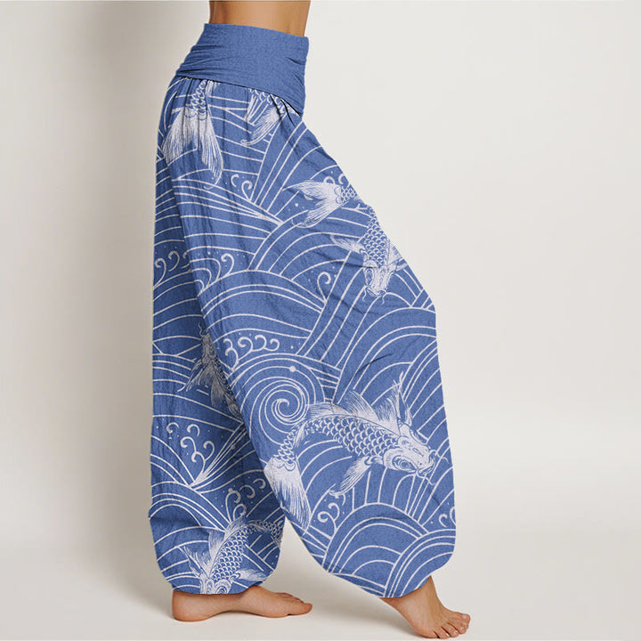 Buddha Stones Koi Fish Wave Pattern Women's Elastic Waist Harem Pants