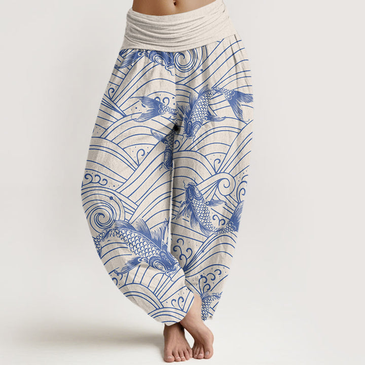 Buddha Stones Koi Fish Wave Pattern Women's Elastic Waist Harem Pants