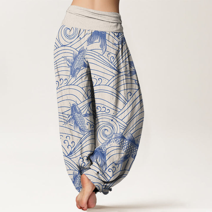 Buddha Stones Koi Fish Wave Pattern Women's Elastic Waist Harem Pants