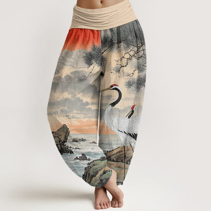 Buddha Stones Casual Red-Crowned Crane Sun Tree Pattern Women's Elastic Waist Harem Pants