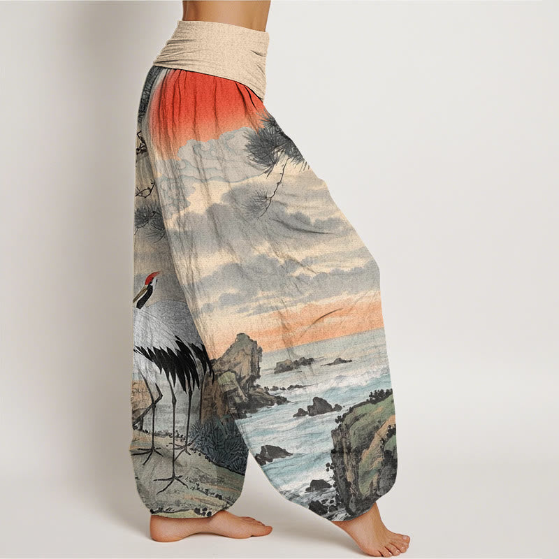 Buddha Stones Casual Red-Crowned Crane Sun Tree Pattern Women's Elastic Waist Harem Pants