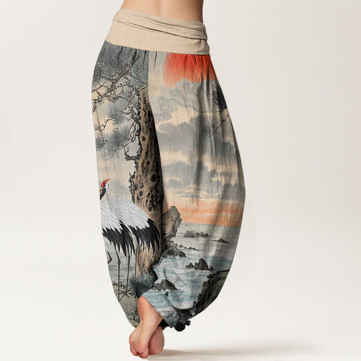 Buddha Stones Casual Red-Crowned Crane Sun Tree Pattern Women's Elastic Waist Harem Pants