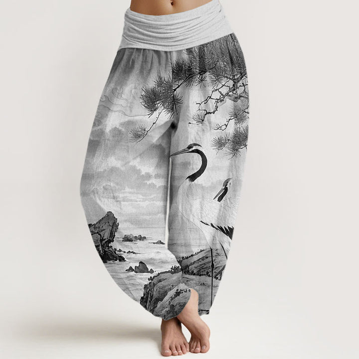 Buddha Stones Casual Red-Crowned Crane Sun Tree Pattern Women's Elastic Waist Harem Pants