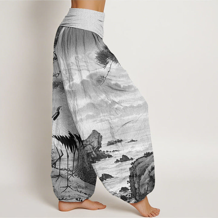Buddha Stones Casual Red-Crowned Crane Sun Tree Pattern Women's Elastic Waist Harem Pants