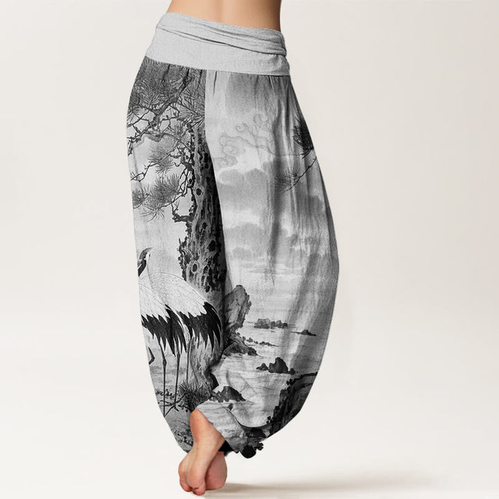 Buddha Stones Casual Red-Crowned Crane Sun Tree Pattern Women's Elastic Waist Harem Pants