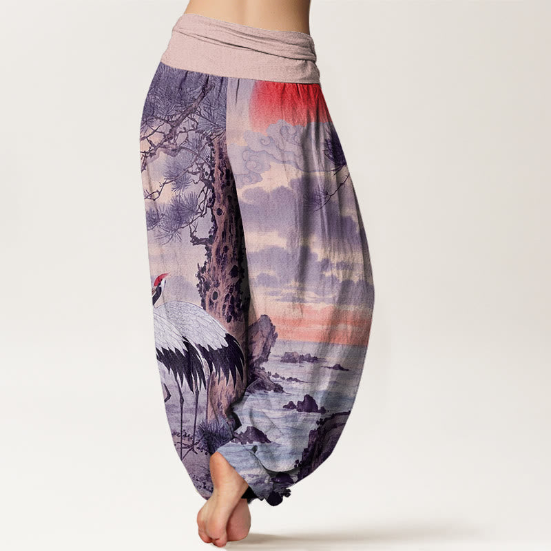 Buddha Stones Casual Red-Crowned Crane Sun Tree Pattern Women's Elastic Waist Harem Pants