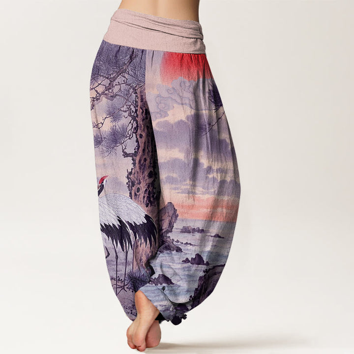 Buddha Stones Casual Red-Crowned Crane Sun Tree Pattern Women's Elastic Waist Harem Pants
