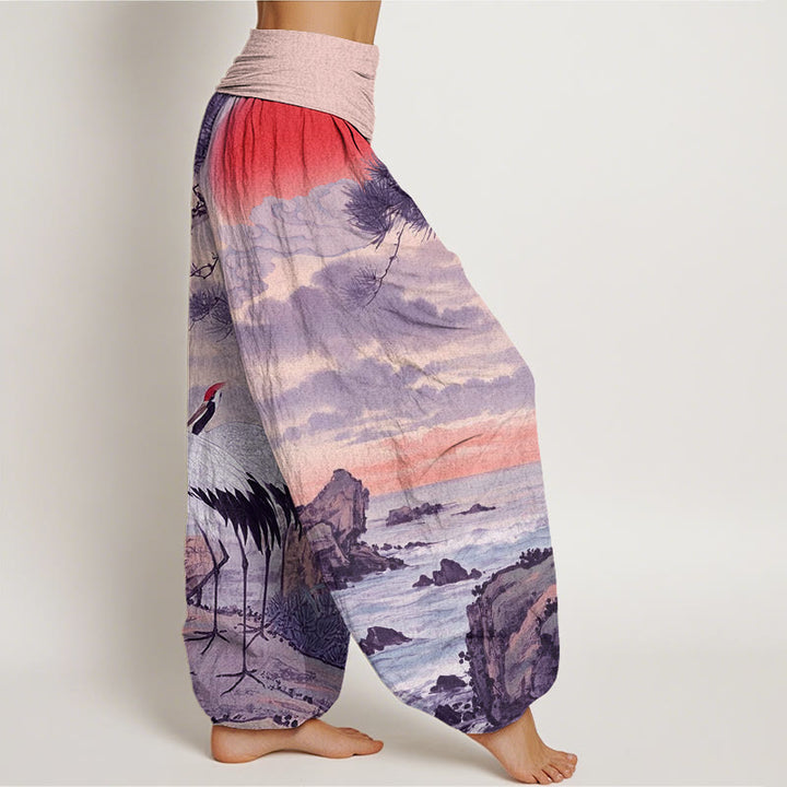 Buddha Stones Casual Red-Crowned Crane Sun Tree Pattern Women's Elastic Waist Harem Pants