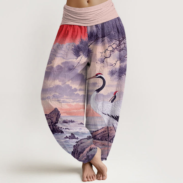 Buddha Stones Casual Red-Crowned Crane Sun Tree Pattern Women's Elastic Waist Harem Pants