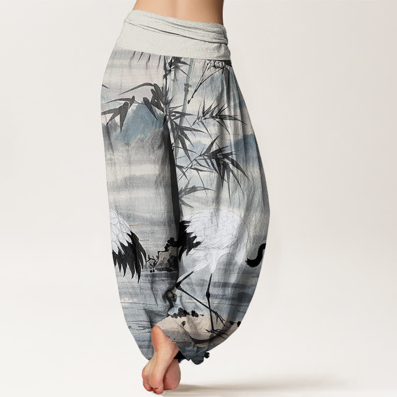 Buddha Stones Casual Red-Crowned Crane Bamboo Leaves Mountain Pattern Women's Elastic Waist Harem Pants