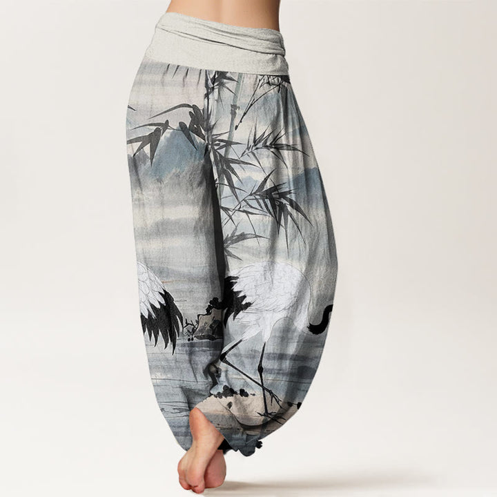 Buddha Stones Casual Red-Crowned Crane Bamboo Leaves Mountain Pattern Women's Elastic Waist Harem Pants