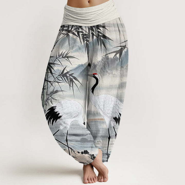 Buddha Stones Casual Red-Crowned Crane Bamboo Leaves Mountain Pattern Women's Elastic Waist Harem Pants