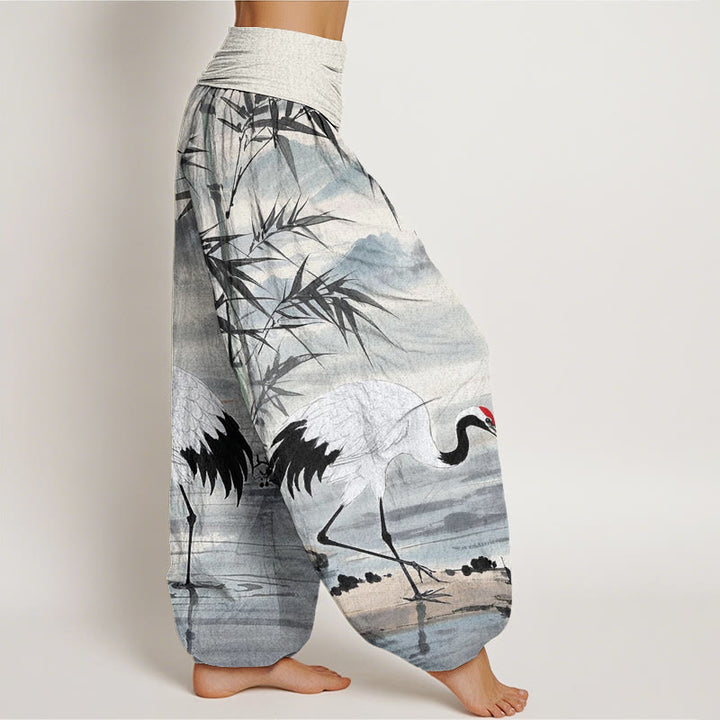 Buddha Stones Casual Red-Crowned Crane Bamboo Leaves Mountain Pattern Women's Elastic Waist Harem Pants