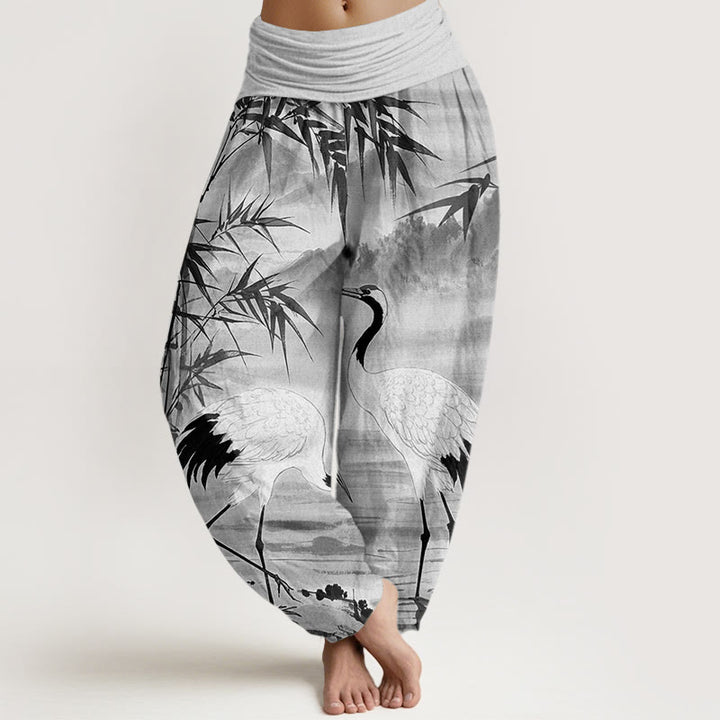 Buddha Stones Casual Red-Crowned Crane Bamboo Leaves Mountain Pattern Women's Elastic Waist Harem Pants