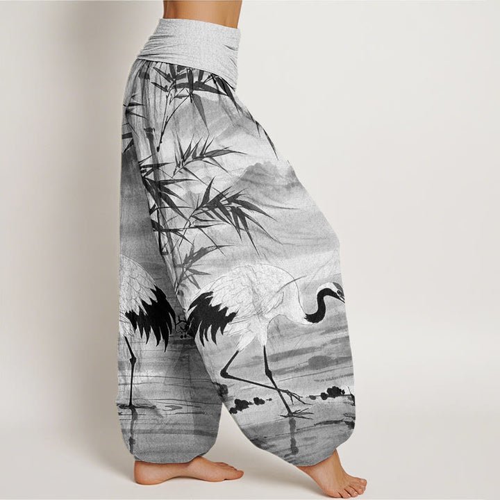 Buddha Stones Casual Red-Crowned Crane Bamboo Leaves Mountain Pattern Women's Elastic Waist Harem Pants
