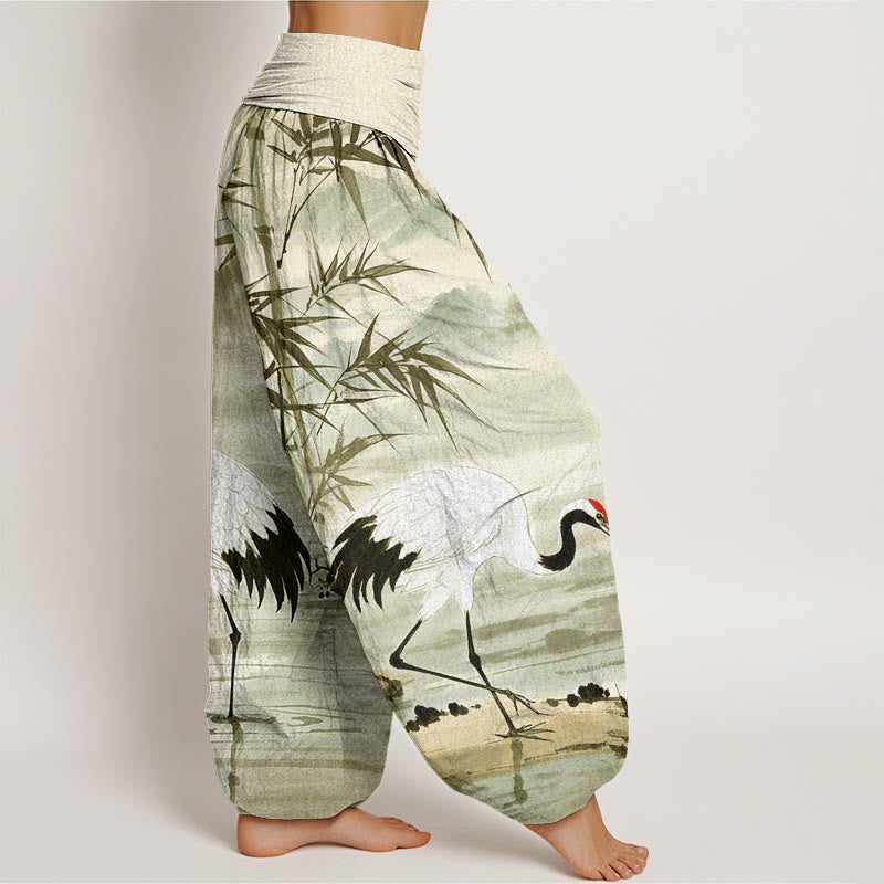 Buddha Stones Casual Red-Crowned Crane Bamboo Leaves Mountain Pattern Women's Elastic Waist Harem Pants