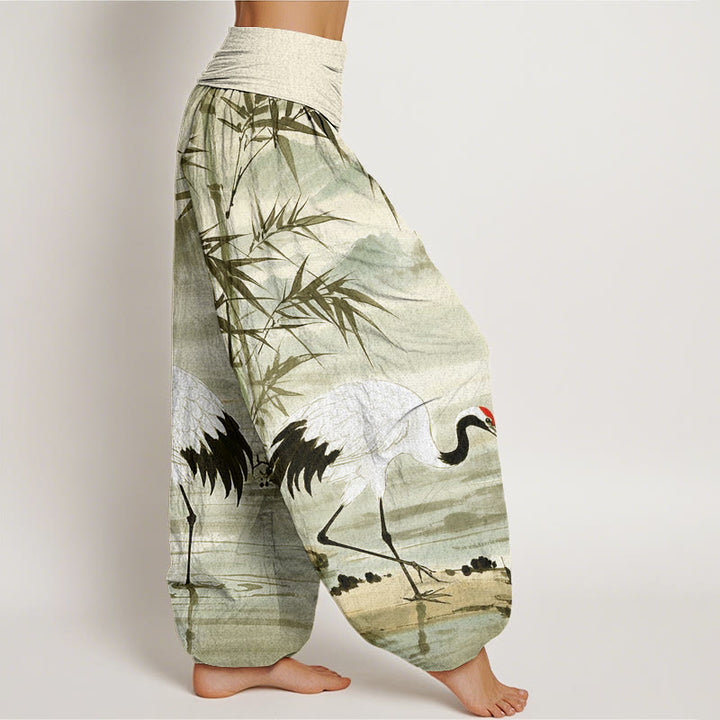Buddha Stones Casual Red-Crowned Crane Bamboo Leaves Mountain Pattern Women's Elastic Waist Harem Pants