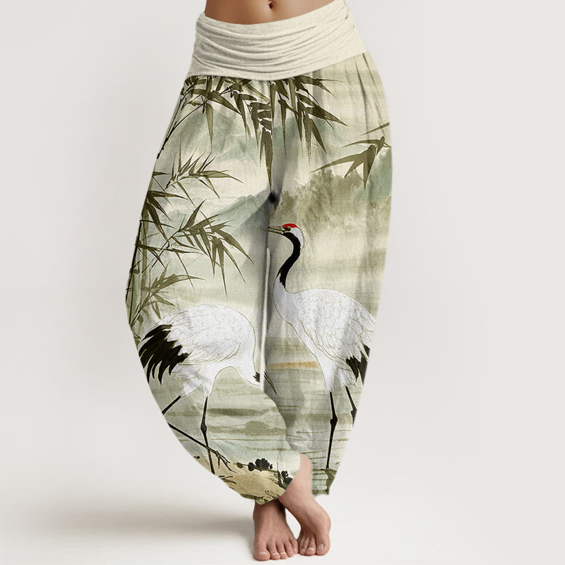 Buddha Stones Casual Red-Crowned Crane Bamboo Leaves Mountain Pattern Women's Elastic Waist Harem Pants