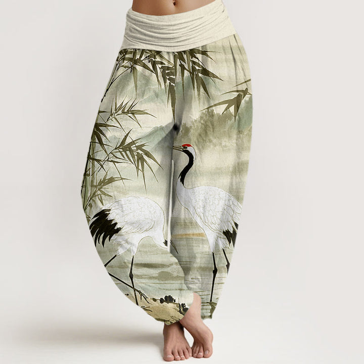Buddha Stones Casual Red-Crowned Crane Bamboo Leaves Mountain Pattern Women's Elastic Waist Harem Pants