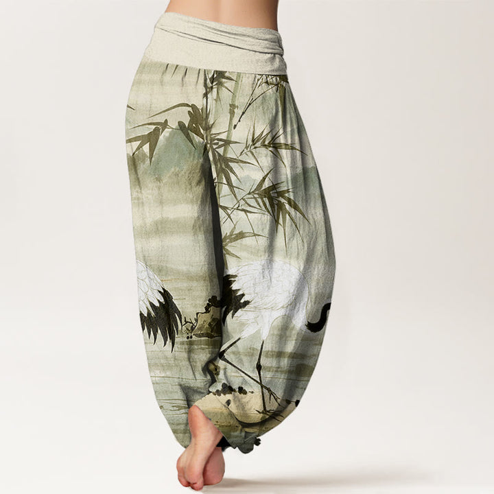 Buddha Stones Casual Red-Crowned Crane Bamboo Leaves Mountain Pattern Women's Elastic Waist Harem Pants