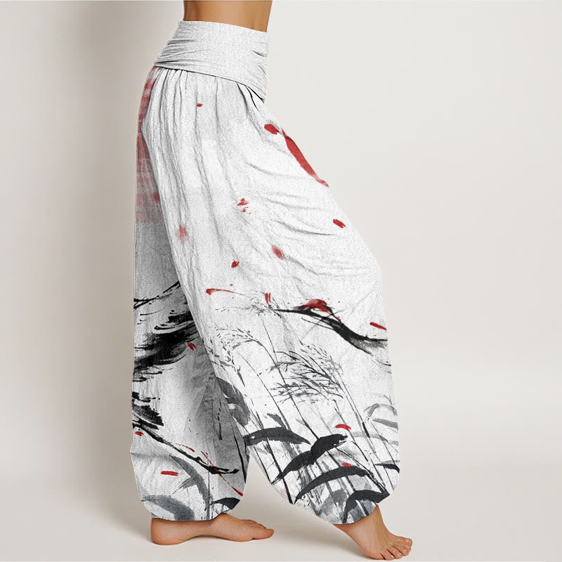 Buddha Stones Casual Red-crowned Reed Sun Crane Pattern Women's Elastic Waist Harem Pants