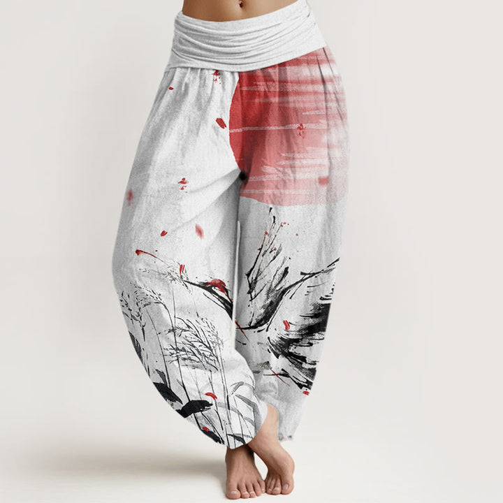 Buddha Stones Casual Red-crowned Reed Sun Crane Pattern Women's Elastic Waist Harem Pants
