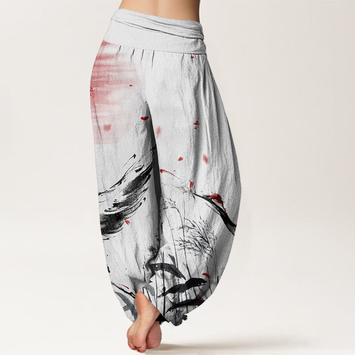 Buddha Stones Casual Red-crowned Reed Sun Crane Pattern Women's Elastic Waist Harem Pants