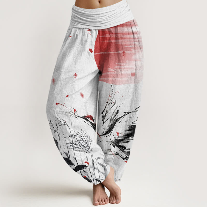 Buddha Stones Casual Red-crowned Reed Sun Crane Pattern Women's Elastic Waist Harem Pants - GhostWhite - US22，UK/AU26，EU54 (6XL) - image 1