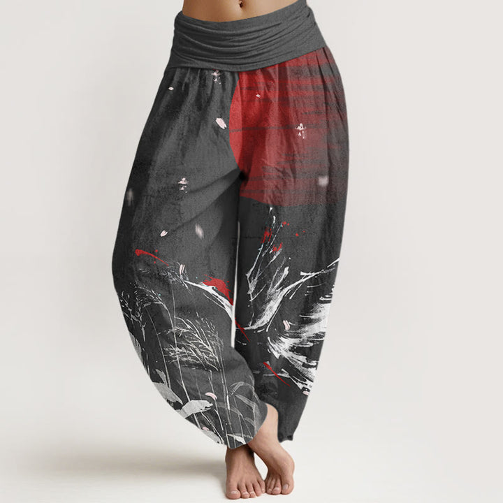 Buddha Stones Casual Red-crowned Reed Sun Crane Pattern Women's Elastic Waist Harem Pants