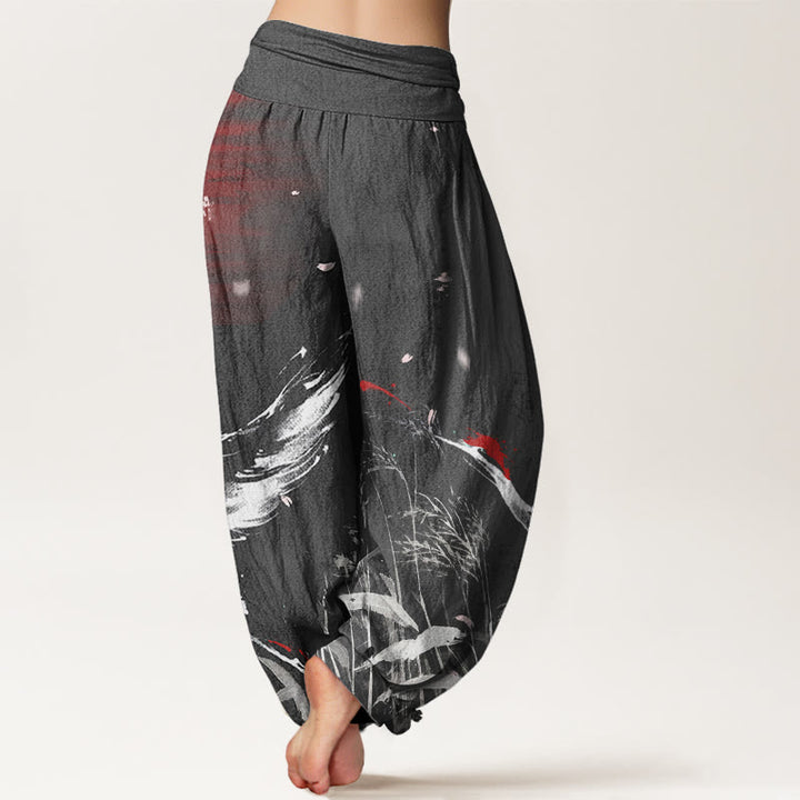 Buddha Stones Casual Red-crowned Reed Sun Crane Pattern Women's Elastic Waist Harem Pants