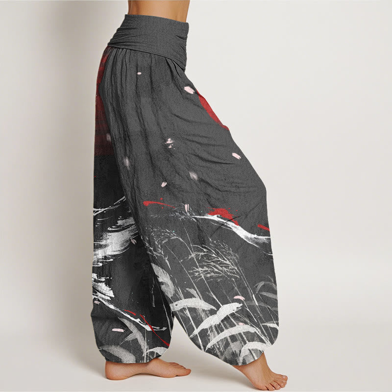 Buddha Stones Casual Red-crowned Reed Sun Crane Pattern Women's Elastic Waist Harem Pants