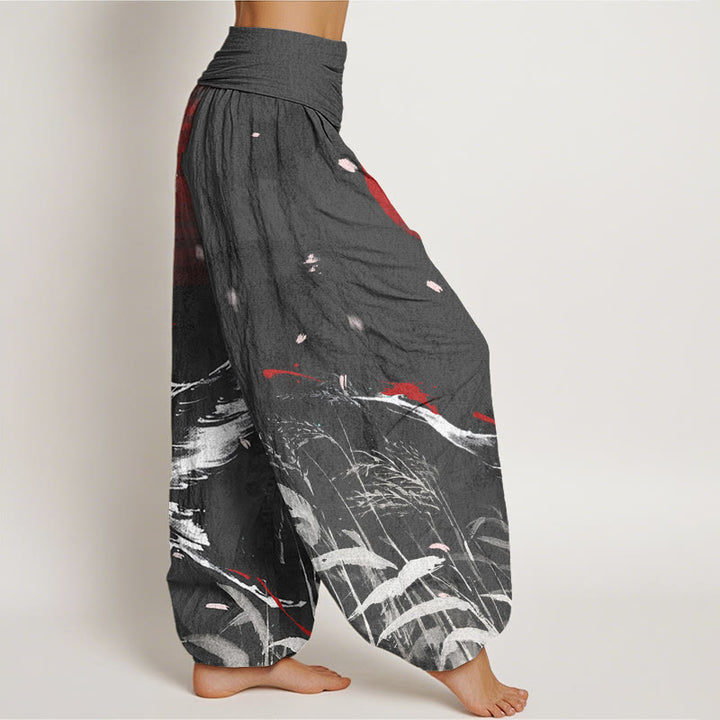 Buddha Stones Casual Red-crowned Reed Sun Crane Pattern Women's Elastic Waist Harem Pants