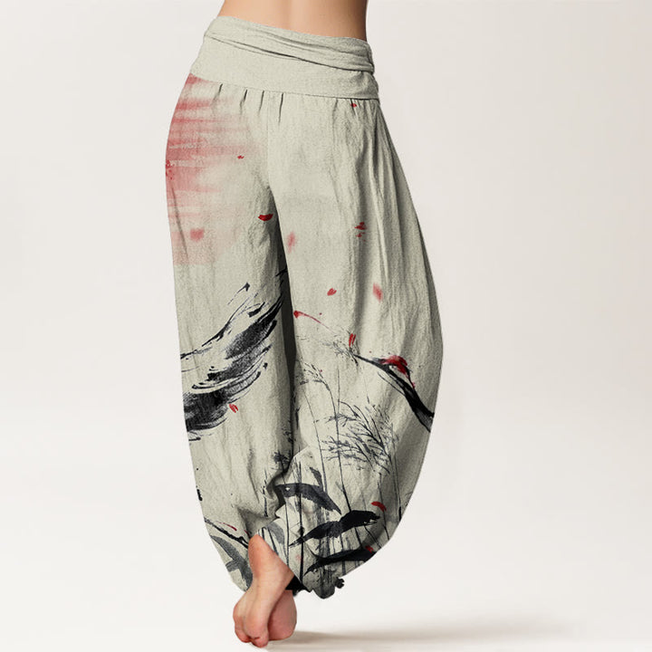 Buddha Stones Casual Red-crowned Reed Sun Crane Pattern Women's Elastic Waist Harem Pants