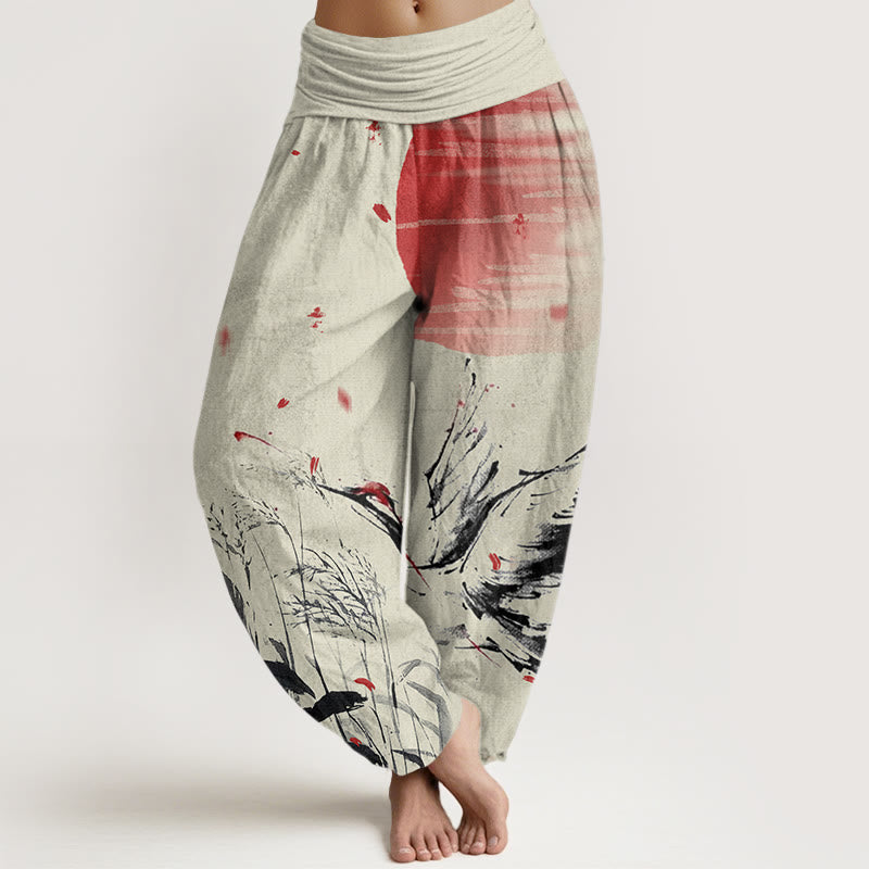 Buddha Stones Casual Red-crowned Reed Sun Crane Pattern Women's Elastic Waist Harem Pants