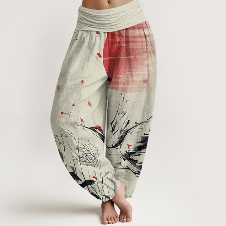 Buddha Stones Casual Red-crowned Reed Sun Crane Pattern Women's Elastic Waist Harem Pants