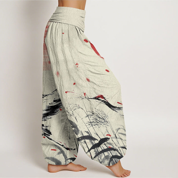 Buddha Stones Casual Red-crowned Reed Sun Crane Pattern Women's Elastic Waist Harem Pants