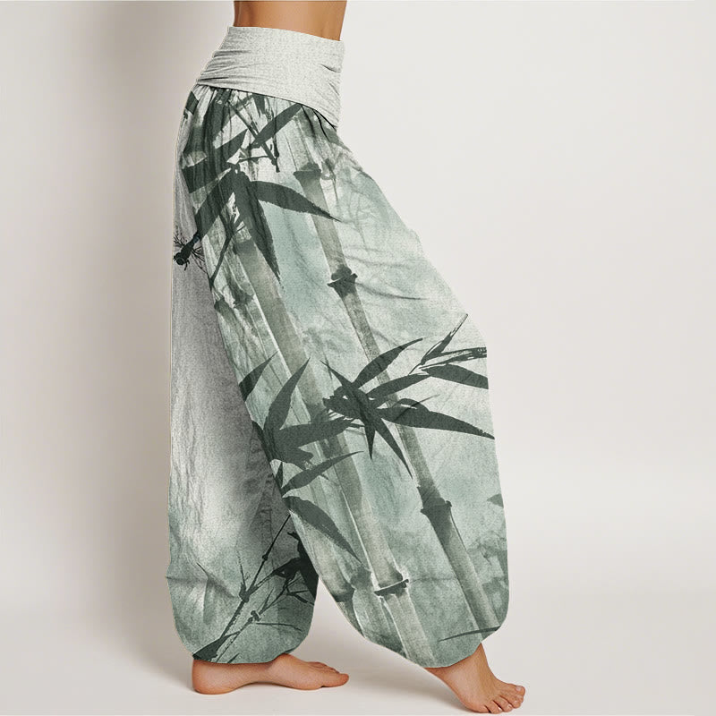 Buddha Stones Casual Bamboo Leaves Dragonfly Pattern Women's Elastic Waist Harem Pants