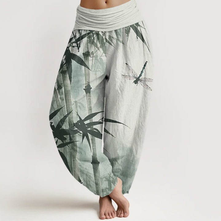Buddha Stones Casual Bamboo Leaves Dragonfly Pattern Women's Elastic Waist Harem Pants