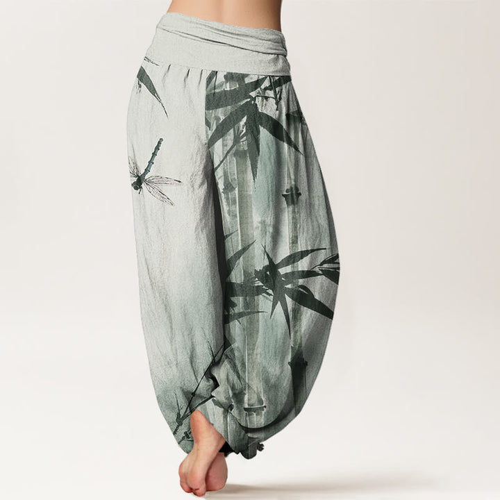 Buddha Stones Casual Bamboo Leaves Dragonfly Pattern Women's Elastic Waist Harem Pants