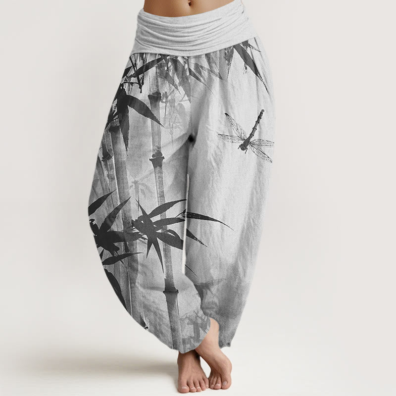 Buddha Stones Casual Bamboo Leaves Dragonfly Pattern Women's Elastic Waist Harem Pants