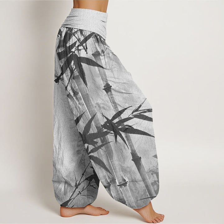 Buddha Stones Casual Bamboo Leaves Dragonfly Pattern Women's Elastic Waist Harem Pants