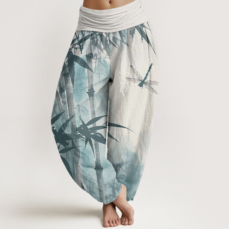 Buddha Stones Casual Bamboo Leaves Dragonfly Pattern Women's Elastic Waist Harem Pants