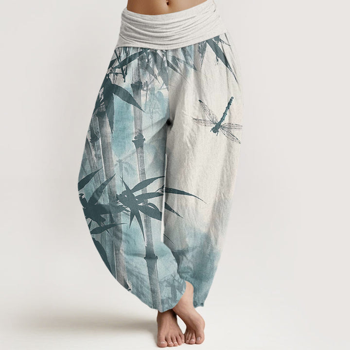 Buddha Stones Casual Bamboo Leaves Dragonfly Pattern Women's Elastic Waist Harem Pants