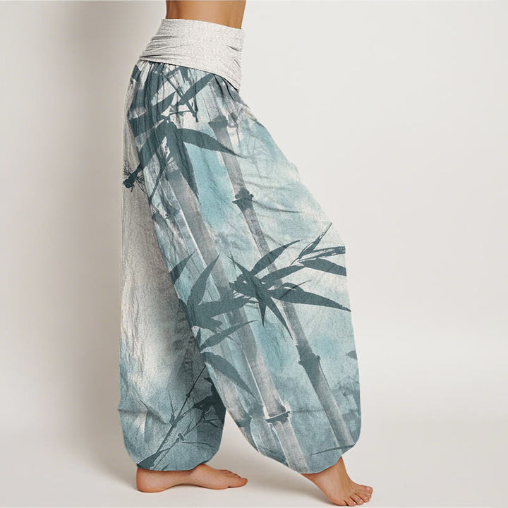 Buddha Stones Casual Bamboo Leaves Dragonfly Pattern Women's Elastic Waist Harem Pants