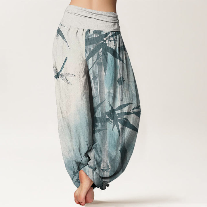 Buddha Stones Casual Bamboo Leaves Dragonfly Pattern Women's Elastic Waist Harem Pants
